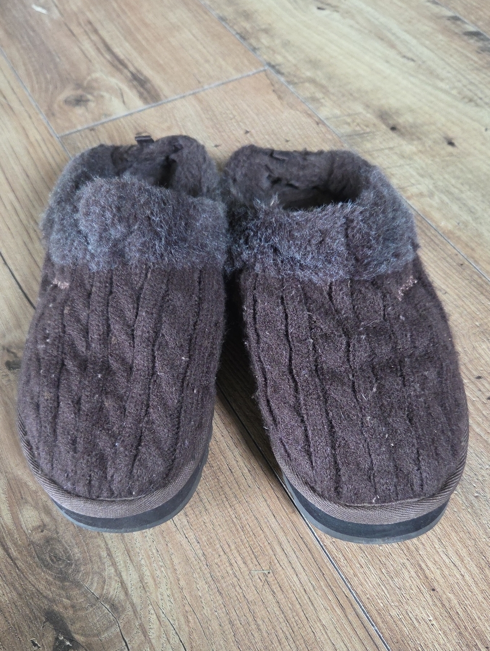 Skechers | Cozy Chocolate Brown Cable Knit Slip-On Shoes with Faux Fur Lining